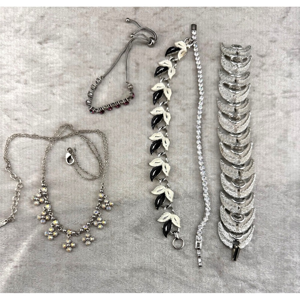 Vintage Estate Jewelry Set Silver Rhinestone Enamel Leaf Multi Size Lot